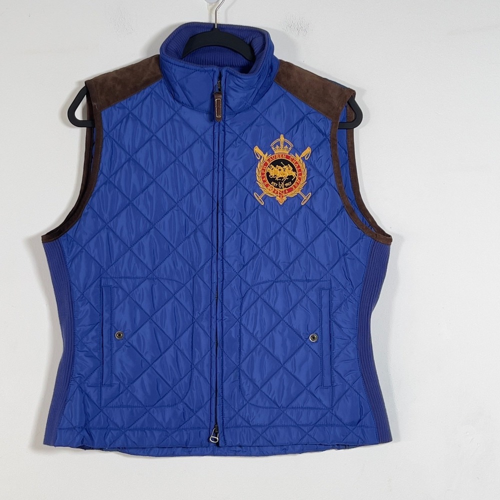 Ralph Lauren Sport Quilted Vest Womens XL Blue Crest Calf Leather Equestrian